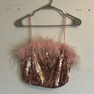Main Strip Baby Pink Sequined & Feathered Crop Top